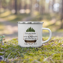 Load image into Gallery viewer, Camp Mug, Mountain Camp Mug, Camping, Camper Van, Lake Decor, Coffee Cup unique, Enamel Mug, Mountain Mug, Canoeing Mug, Nature Mug
