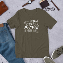 Load image into Gallery viewer, Fall for Jesus. He never leaves. Short-Sleeve Unisex T-Shirt
