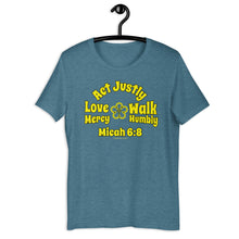 Load image into Gallery viewer, Micah 6:8 - Act Justly - Love Mercy - Walk Humbly | Compact Design | Short-Sleeve Unisex T-Shirt
