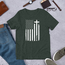 Load image into Gallery viewer, God and Country Distressed Flag &amp; Cross t-shirt
