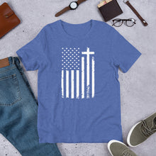 Load image into Gallery viewer, God and Country Distressed Flag &amp; Cross t-shirt
